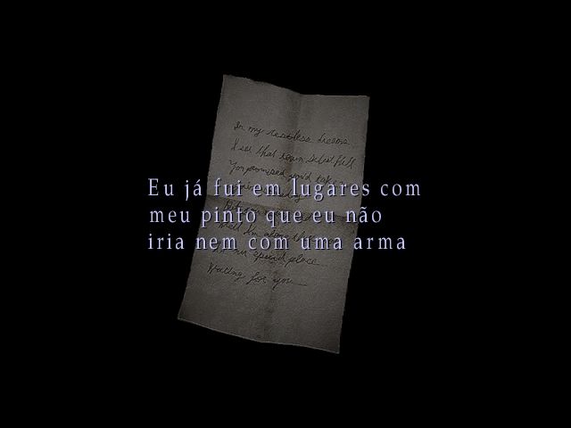 Um screenshot de uma nota em Silent Hill 2 com o texto editado dizendo "eu já fui em lugares com meu pinto que eu não iria nem com uma arma".