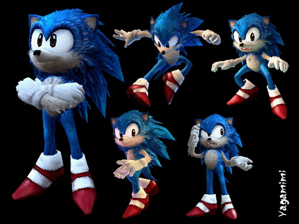From left to right: Sonic looking up with his arms crossed, Sonic doing a kick in the air, Sonic doing an action pose, Sonic doing another action pose, Sonic confused and scratching his head