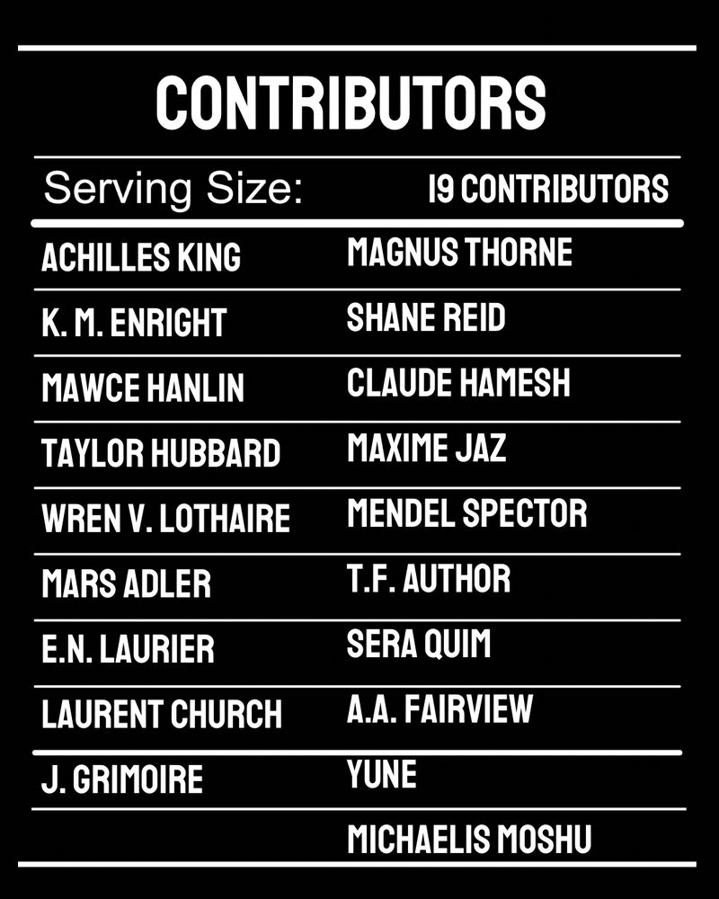 A contributions list styled like a nutrition fact sheet: Contributors—serving size, 19 contributors: Achilles King, K. M. Enright, Mawce Hanlin, Taylor Hubbard, Wren V. Lothaire, Mars Adler, E.N. Laurier, Laurent Church, J. Grimoire, Magnus Thorne, Shane Reid, Claude Hamesh, Maxime Jaz, Mendel Spector, T. F. Author, Sera Quim, A.A. Fairview, Yune, Michaelis Moshu