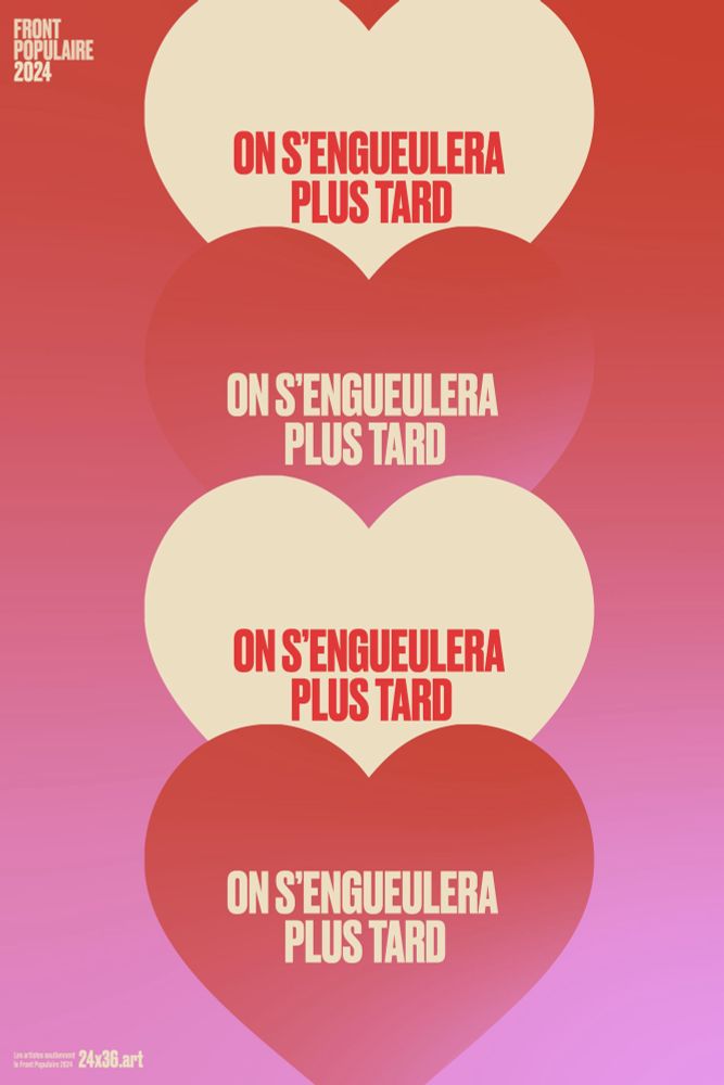 Affiche avec 4 cœurs rose et crème en alternance sur fond rose. Sur chaque cœur, il est écrit : On s’engueulera plus tard. 