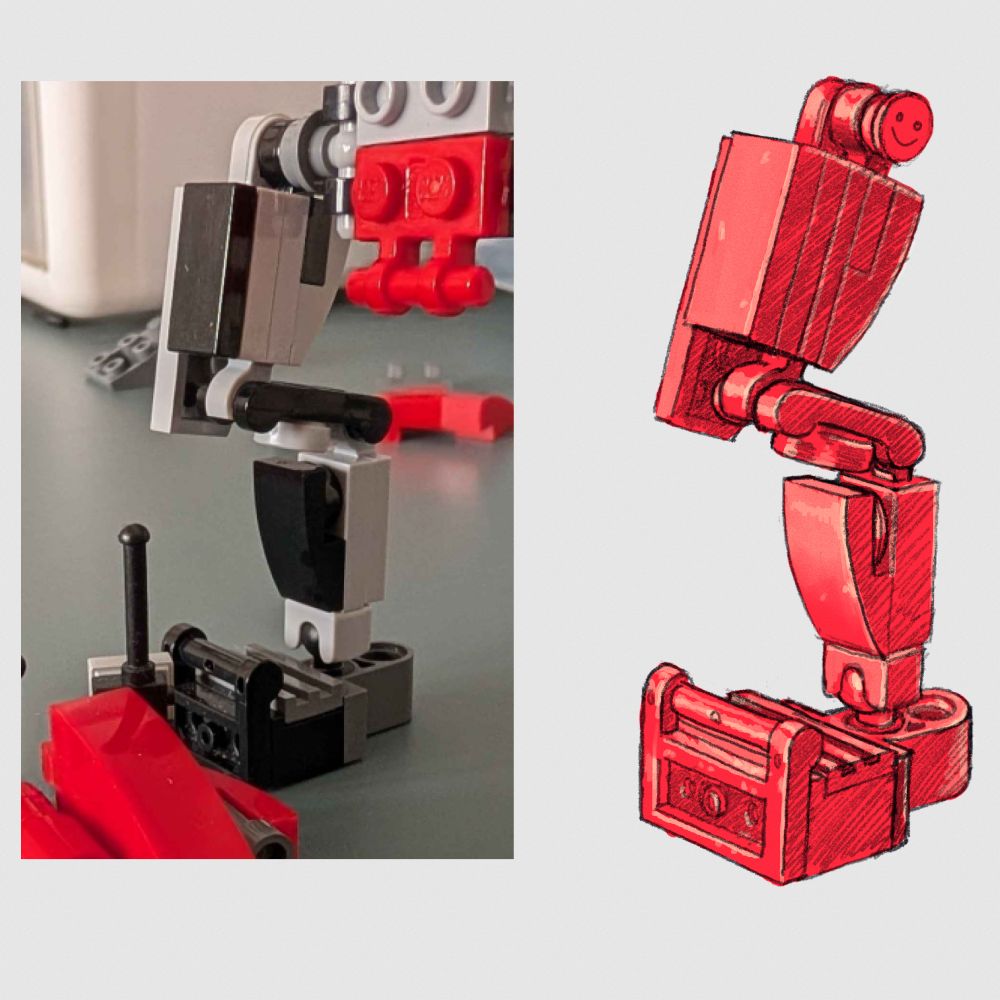 a digital sketch study of a mechanical robot leg made out of lego bricks