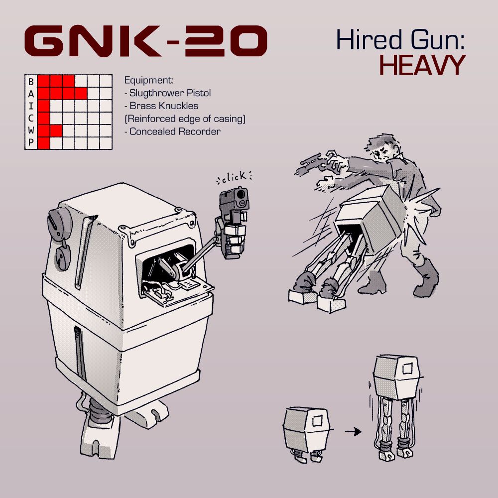 A gonk droid from star wars that is capable of holding a handgun, standing up at full height, and headbutting someone.
