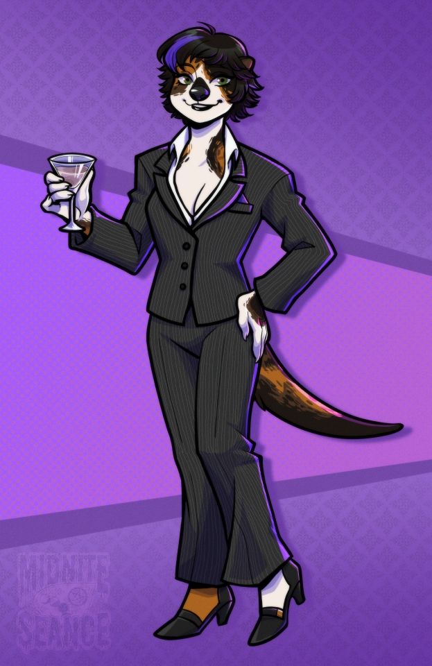 Illustration of an anthro otter woman with calico cat markings and a styled messy pixie cut adorned with a purple streak. She is wearing a pin stripe suit and holding a cocktail 