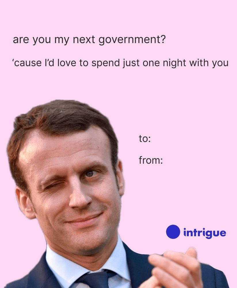 La tronche de Macron qui fait un clin d'oeil, sur fond rose. C'est une carte de Saint Valentin avec écrit :
Are you my next government? 'cause I'd love to spend just one night with you
To:
From:
