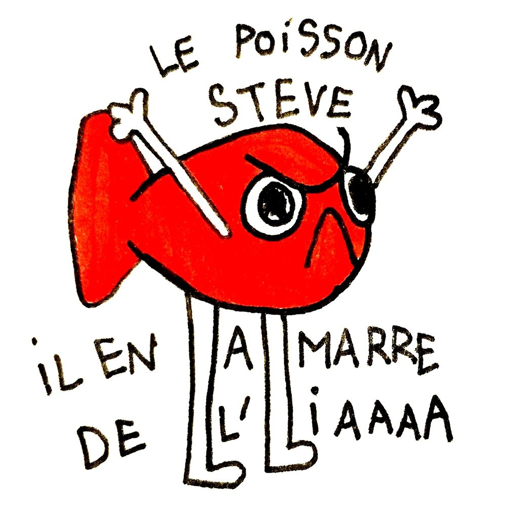Dessin représentant le poisson Steve (un poisson rouge dans un style minimaliste et mignon, qui a de gros yeux globuleux, une bouche en forme d'accent circonflexe, des petites pattes, et des petits bras levés en l'air. Je lui ai ajouté des sourcils froncés)
Il y a écrit :
Le poisson Steve 
Il en a marre de l'IAAAA