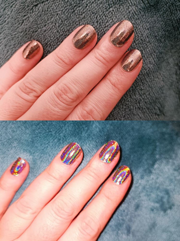 Collage von zwei Fotos meiner vier Finger auf einer grünen Decke. Das obere ist ohne Blitz aufgenommen, die Decke wirkt eher gräulichgrün, die Nägel in graugrünem Glitzer.
Das untere Bild ist mit Blitz aufgenommen, die Decke sieht nun so aus wie sie wirklich aussieht. Die Finger sind heller, die Nägel schimmern/funkeln metallisch in allen Farben