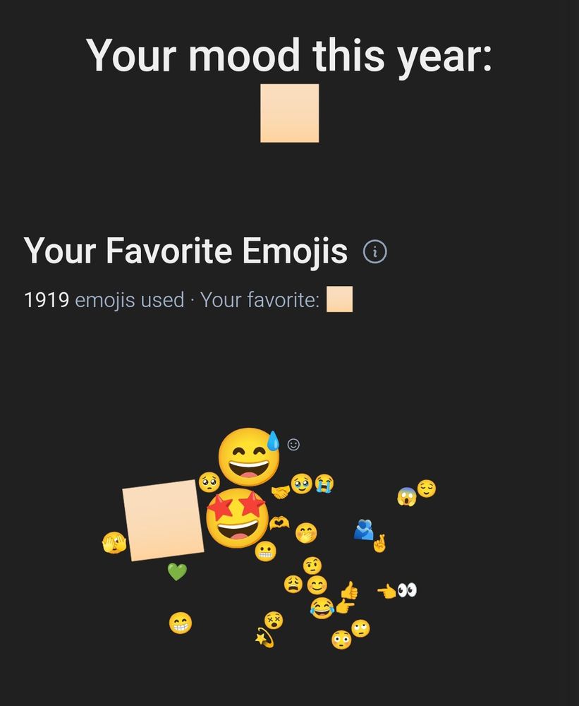 Screenshot von Bluesky wrappped
"Your mood this year: beiges Quadrat
Your Favorite Emoji: mehrere Emojis, einige größer wie 🤩 und 😅 und natürlich das beige Quadrat