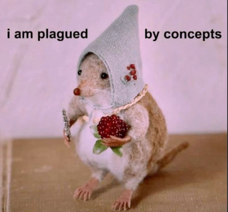 Meme: image of a little felt mouse holding a raspberry and wearing a grey pointed hat with text that reads “I am plagued by concepts”