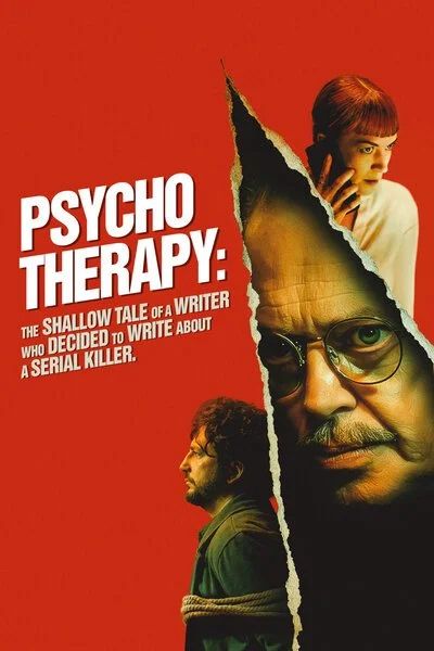 poster for the film, PSYCHO THERAPY, showing a beaded man tied up with rope, a woman on her phone and between them, like a page has been torn to reveal what's underneath, is a bearded man wearing glasses
