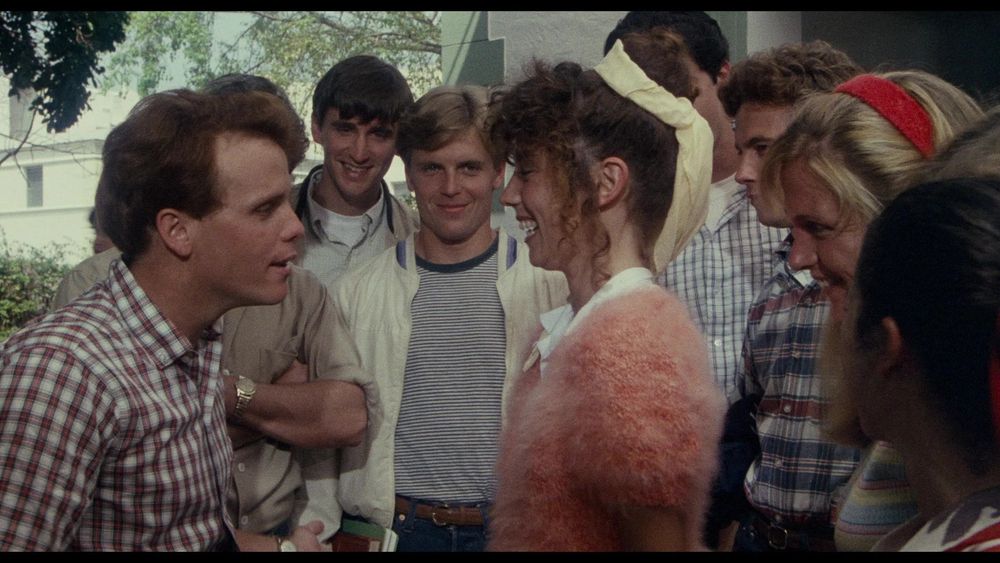 picture from the 1981 film PORKY'S, showing a bunch of teenage boys and girls. The focus is a boy wearing a checked shirt, and a gitl with a yellow ribbon in her hair and wearing a pink cardigan. 