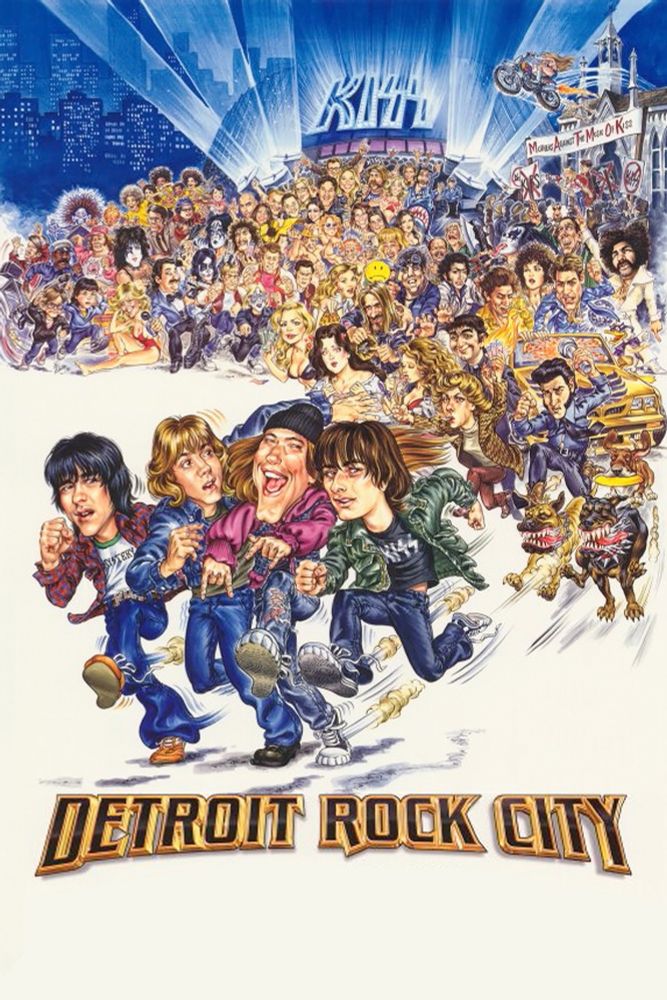 poster for the film DETROIT ROCK CITY, showing the four leads running away from a mass of characters from the film. 