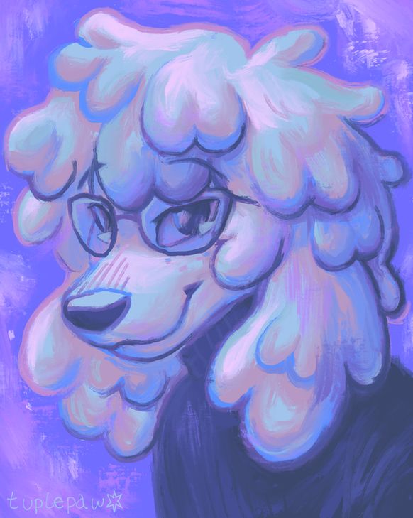 a digitally painted portrait of a poodle wearing glasses, they are painted in shades of blue and dusty pink, with a general purple hue surrounding them. their expression show a smug, relaxed smile.