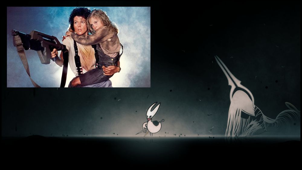 A collage of Aliens and Silksong's final ending. Team Cherry really ripped James Cameron off, Lace being Newt rescued from the Alien Queen again (and Aliens being a core palimpsest to all Metroidvania, after the original Metroid).