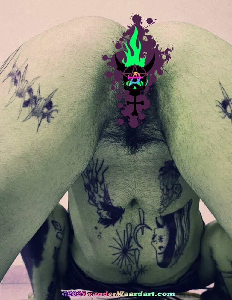 Another green-and-purple poster designed by Persephone van der Waard for her Sex Positivity book series: featuring Naughty Nar, who is mooning the viewer while arching really high: while spreading their legs back. They have some sick tattoos (bum, tummy, arms).