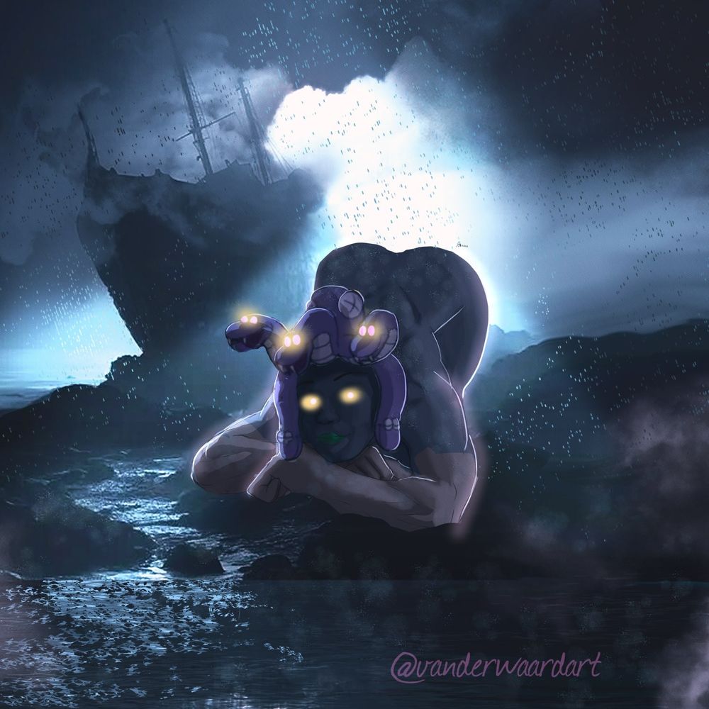 Cala Maria from Cuphead kneels before a glassy lake, flanked by a wrecked ship. Rain falls all around, and ghostly moonlight punches through the thunderhead behind Cala (whose eyes glow brighter than the moon). The model was Rae of Sunshine!