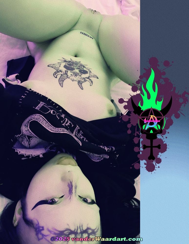 Another green-and-purple poster designed by Persephone van der Waard for her Sex Positivity book series: featuring Who Was Eren, who is lying back and showing the viewer their belly: while spreading and pulling back their legs. They have on a black top/eyeliner and some sick tattoos (head, nose, tummy, crotch).