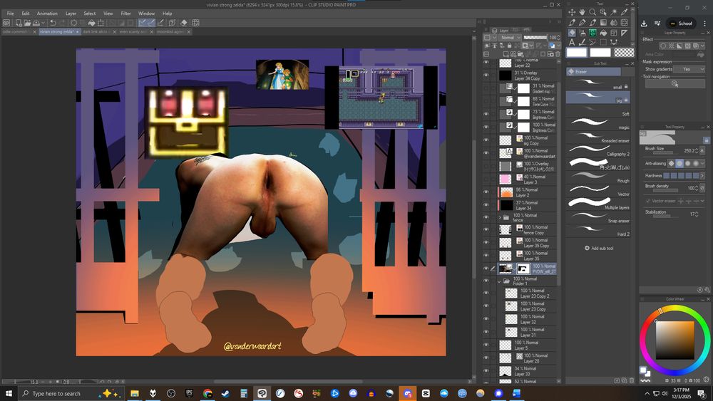 A piece featuring Vivian Strange as Zelda (or Link, not sure yet) getting "rescued real bad" in Ganon's castle's jail cell. Big treasure chest! *cue Zelda opening music*