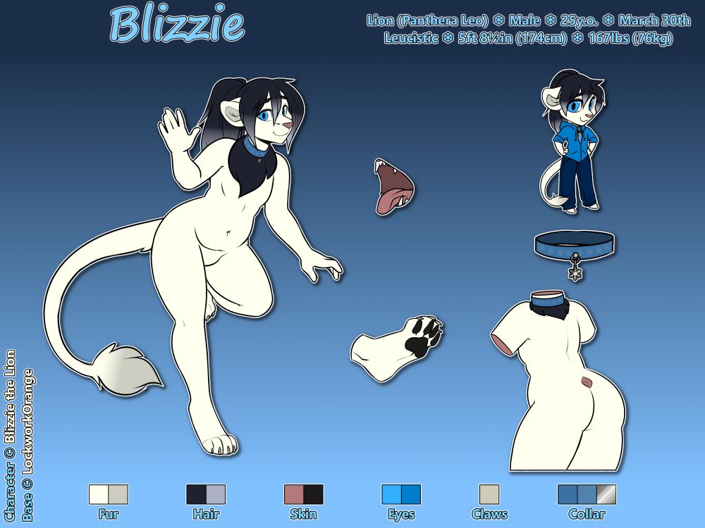 Anthromorphic leucistic lion Blizzie reference sheet.