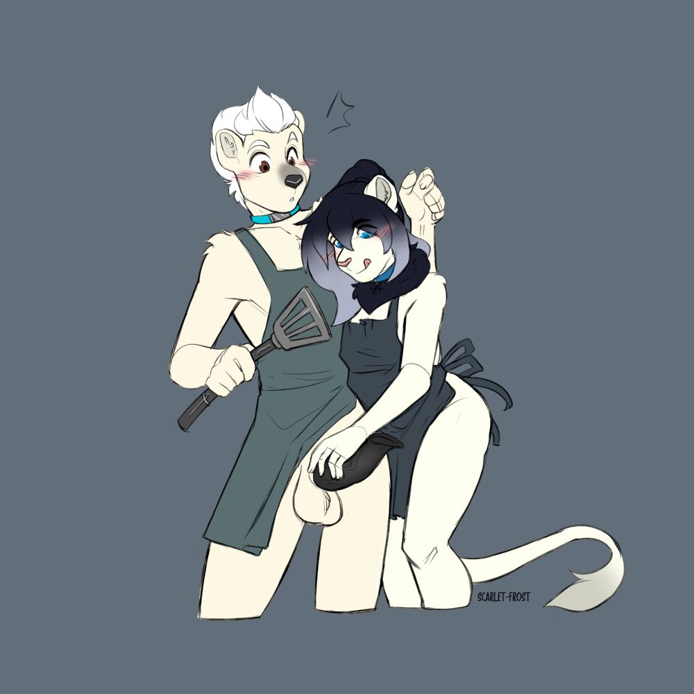 Anthromorphic polar bear Drak and anthromorphic leucistic lion Blizzie are both wearing nothing but dark colored aprons. Drak is holding metal BBQ spatula while Blizzie is grabbing Drak's "sausage".