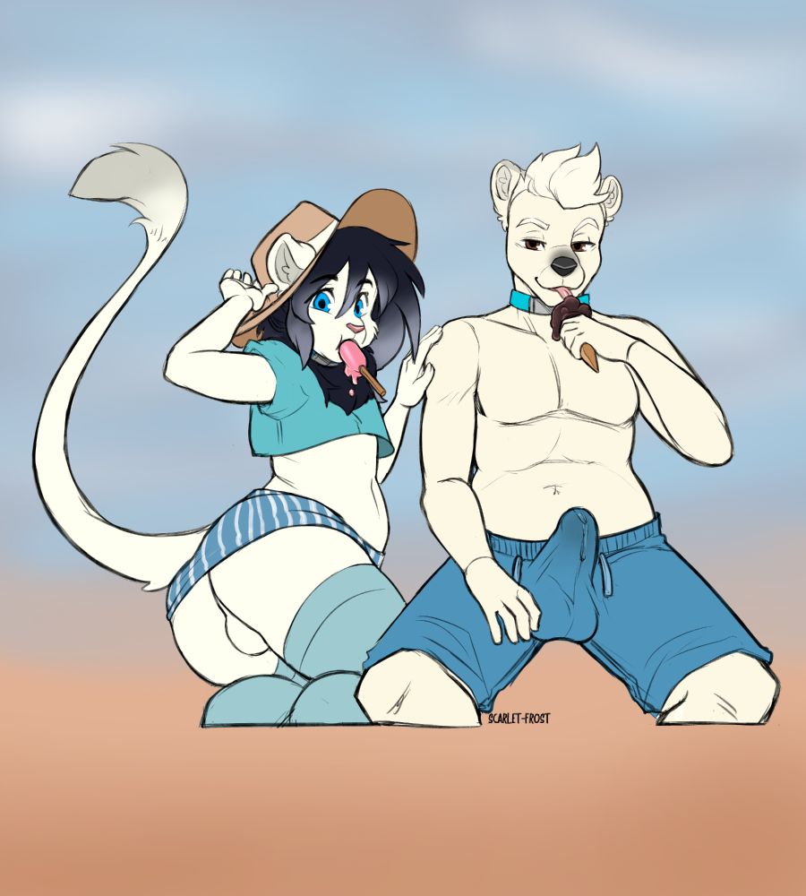 Anthromorphic polar bear Drak and anthromorphic leucistic lion Blizzie eating ice cream, Blizzie's has popsicle in his mouth, and Drak is licking Gelato from snowcone. Blizzie's skirt is so short, it doesn't cover his rear, while Drak's erection can be seen through his shorts.