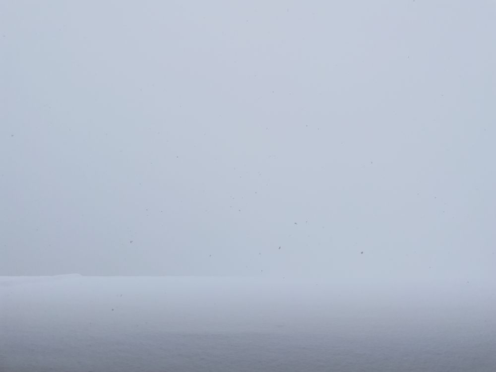 Bild zum Berghotel-Fenster hinaus. Man sieht fast nichts. unten: eine 40cm hohe Schneeschicht, mitte und oben einfach Nebel.
Also alles in Weiß mit kaum Unterschied zu erkennen.