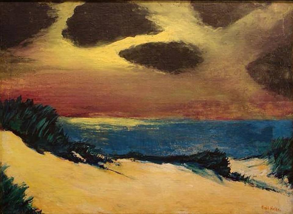 Painting of pale dunes in foreground, deep blue water with reddish sky in microns, and brightly lit sky above with dark gray clouds floating in the brightness.