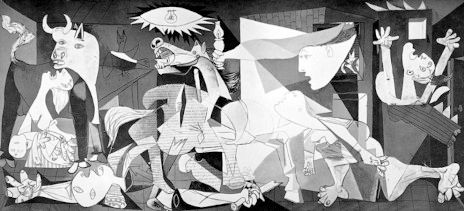 Guernica, a painting by Picasso, portraying the bombing of the city of Guernica by Hitler's forces. 