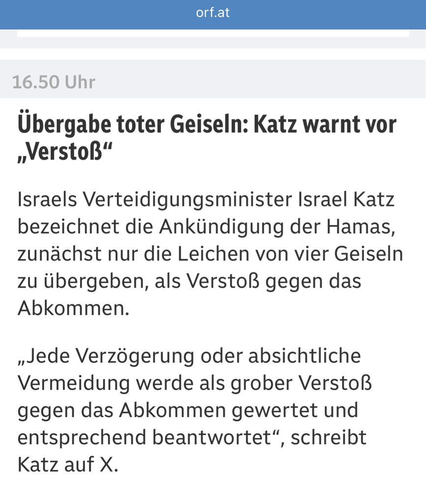 https://orf.at/live/5470-Trump-Historischer-Beginn-fuer-Nahen-Osten-/

Hamas übergibt nicht alle Geiseln, Israel droht