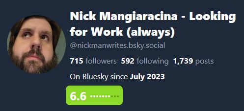 Handsome 30s dude Nick Mangiaracina's profile picture presented on bluefacts.app with a 6.6 rating.