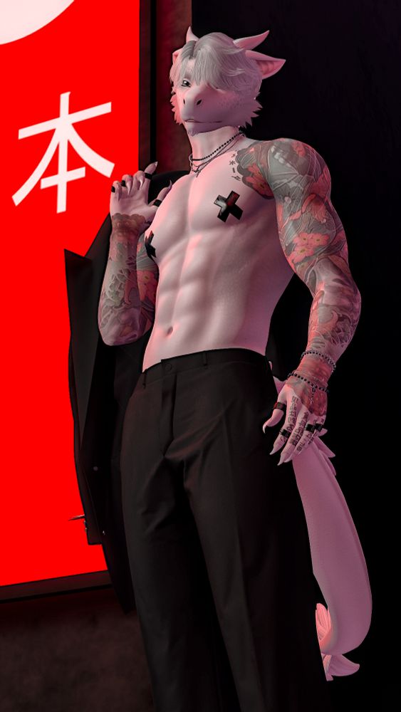 White anthro dragon with tattoos and without a shirt leans in front of a glowing red sign. 