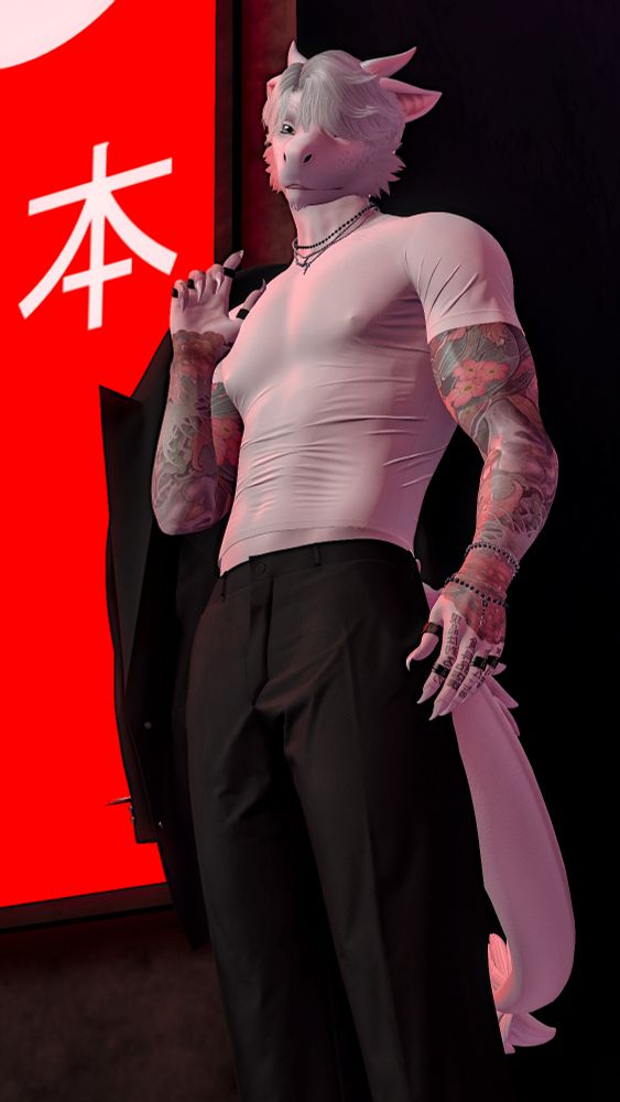 White anthro dragon with tattoos and a sharp look leans in front of a glowing red sign.