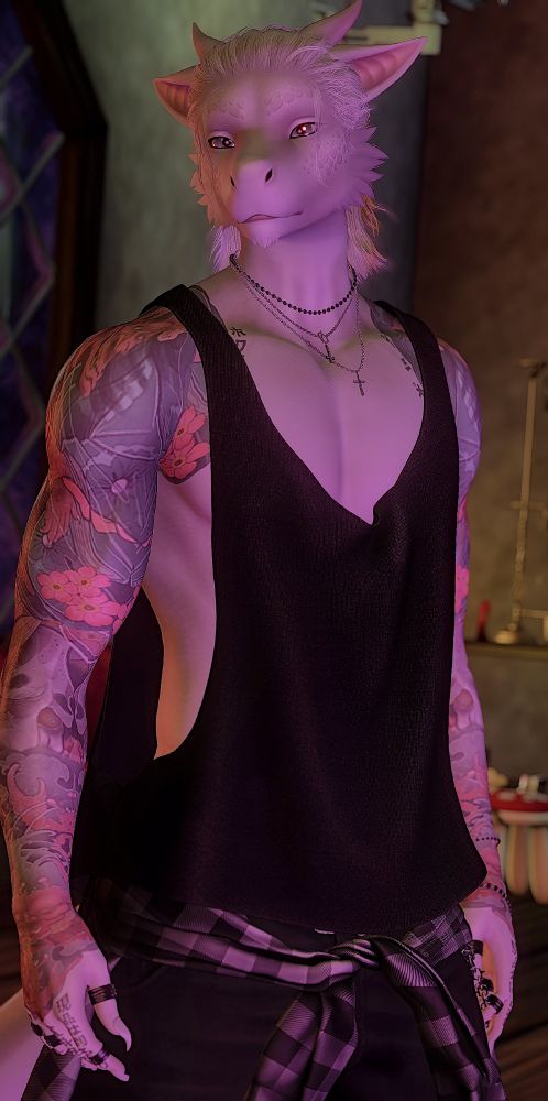 White Western dragon male in a black tank top with slick back hair, sporting also a flannel tied around his waist and some jeans. He doesn't look directly at the camera, as if caught by the viewer during a moment of oblivion. The lights in the scene strike him in such a way that accentuates the peaks and troughs of his athletic physique. He looks comfortable. In his element. Content. 