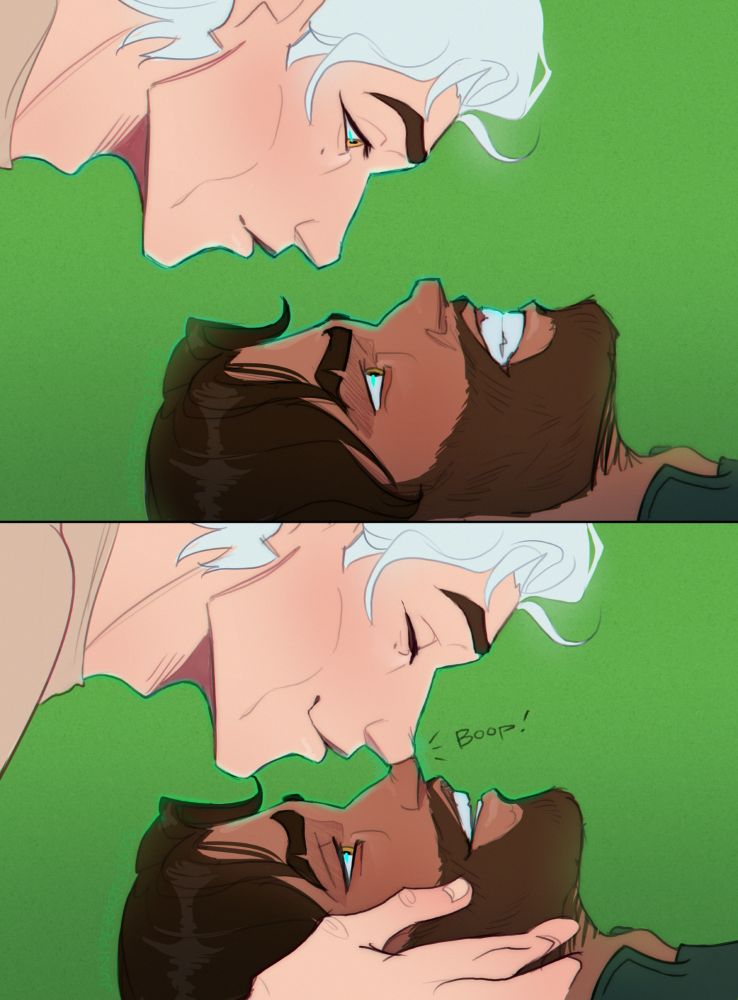 Viktor and Jayce are doing their scene. Jayce is struggling and looks pissed. Viktor is above him. 
Viktor breaks character and bumps their noses together, holding Jayces head with his hand. Jayce is laughing and smiling.