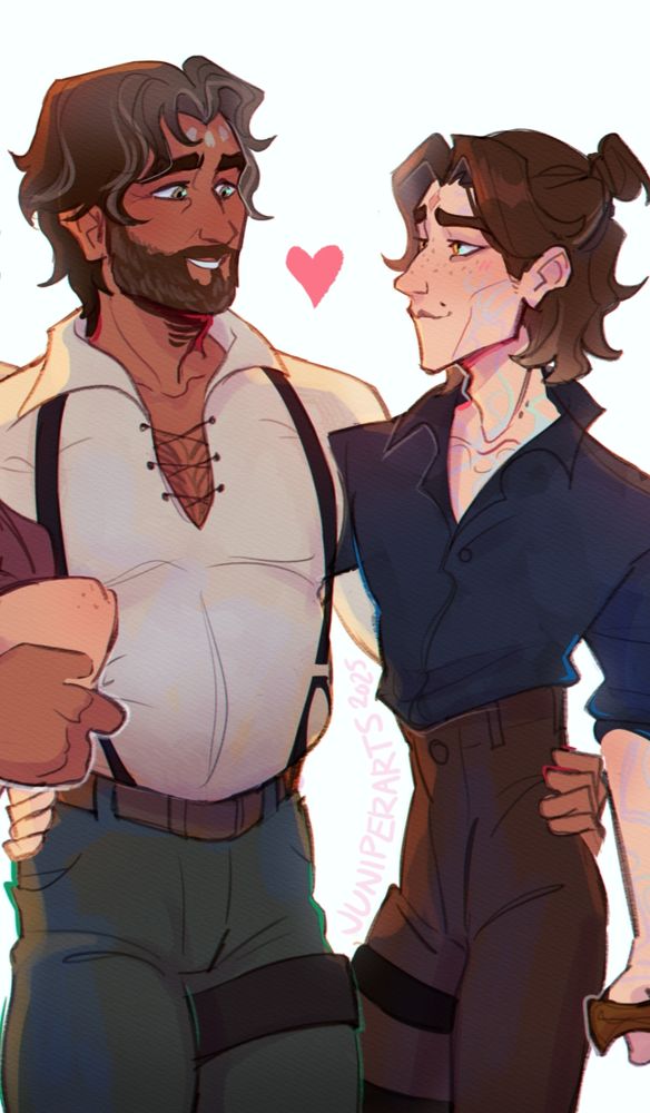 Slightly older Jayce and Viktor standing next to each other with an arm around the other's hip. They are looking at each other with loving looks on their faces.