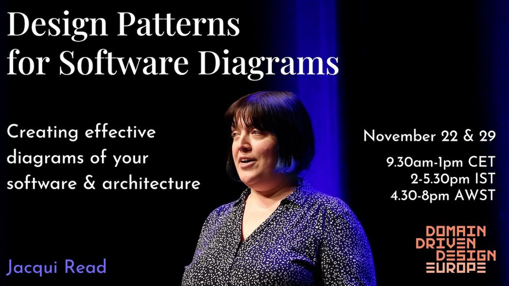 photo of Jacqui Read on stage at DDD Europe 2024. Text reads: Design Patterns for Software Diagrams. Creating effective diagrams of your software and architecture. Jacqui Read. November 22 & 29. 9.30am-1pm CET. 2-5.30pm IST. 4.30-8pm AWST. DDD Europe.