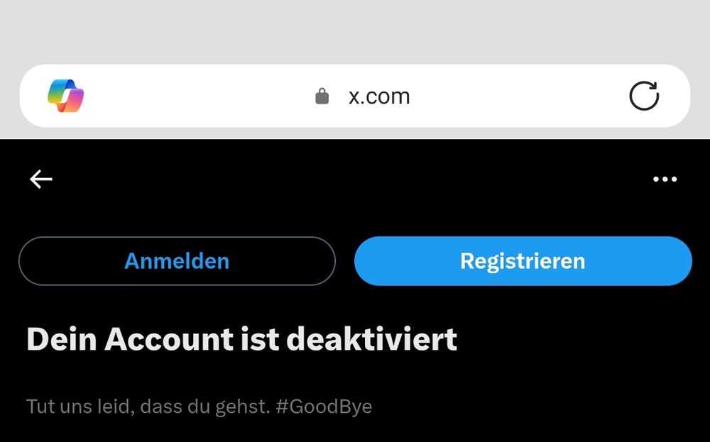 Auf dem Screenshot des Browsers steht: Dein X Account ist deaktiviert.