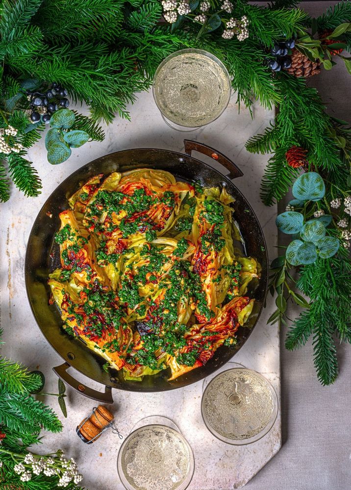 Ben Tish's cabbage hearts with rosemary and walnut pesto in a Netherton prospector pan with Christmas foliage as background