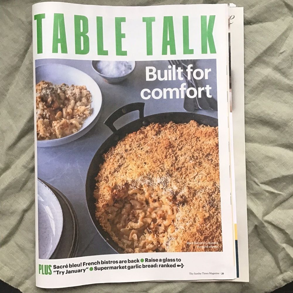 The Table Talk front page from Sunday Times 19th january, featuring a Netherton Foundry prospector pan full of Mark Diacono's chipotle mac and cheese
