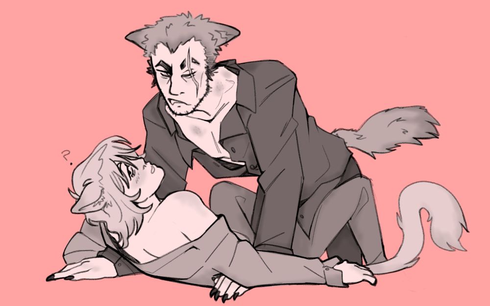 Digital drawing with pink background of Sylus as a catboy and Knox as a wolfboy. Sylus is laying down on his back, propped up on his elbows and looking over his shoulder. Knox is leaning over him, looking where Sylus is looking. Knox has bruises and bite marks on his neck (assumed to be given by Sylus.) Knox’s shirt is also unbuttoned and exposing his chest. 