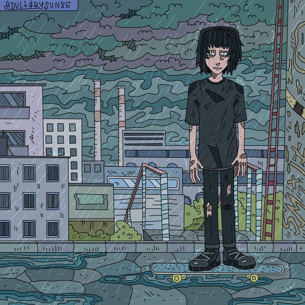 На иллюстрации изображен молодой человек с темными волосами, стоящий на скейтборде под дождем. Он одет в поношенную темную одежду и выглядит меланхолично. За ним простирается мрачный городской пейзаж с промышленными зданиями и фабриками, а также многоэтажными домами. Небо затянуто тяжелыми тучами, усиливая ощущение грусти и одиночества. Рисунок выполнен с использованием приглушенных цветов, создавая атмосферу сырости и заброшенности.