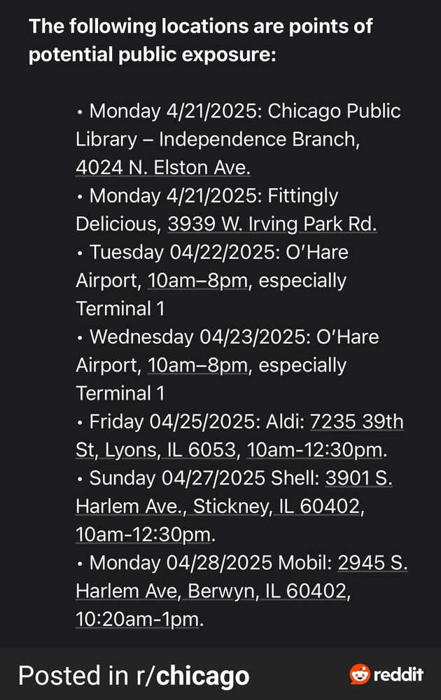A list of possible measles exposure times and locations, including two 10 hour stretches at O'Hare 