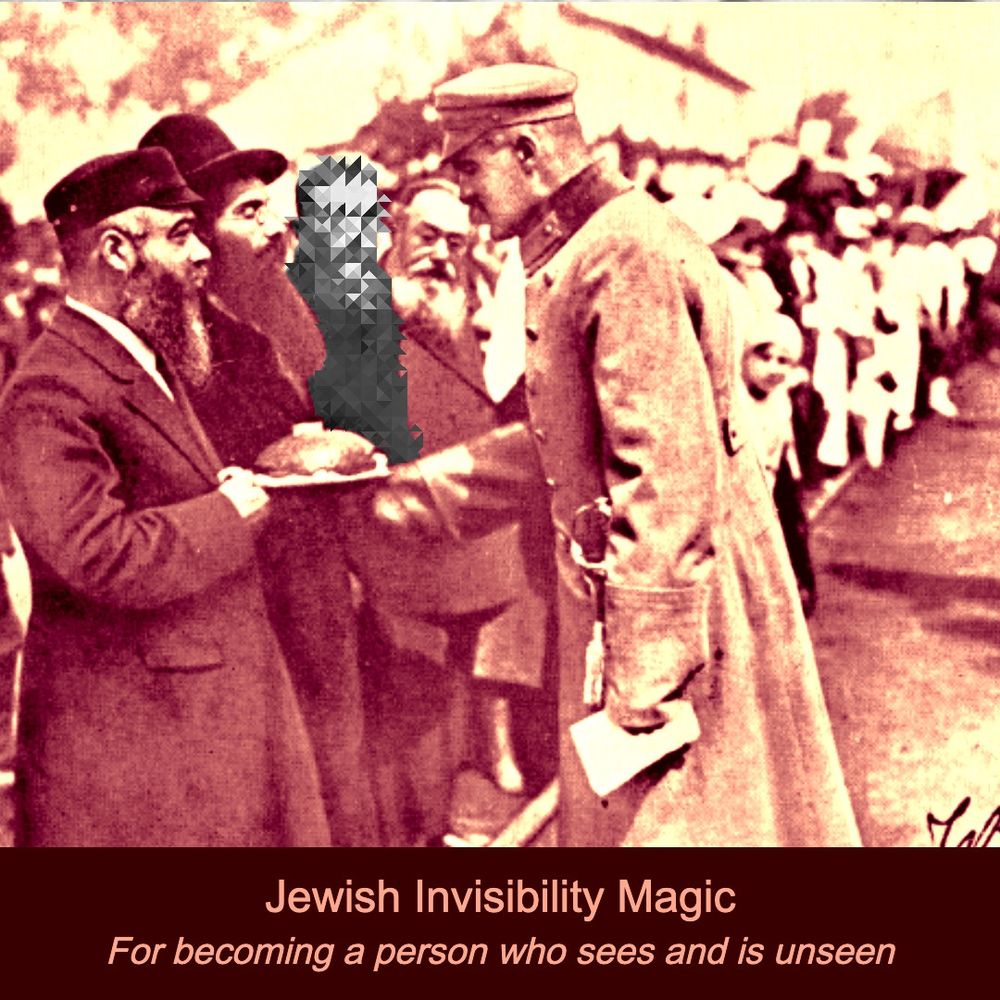Image of Jews talking to a Polish army officer in 1920, with one of the Jewish men visibly distorted representing social invisibility.