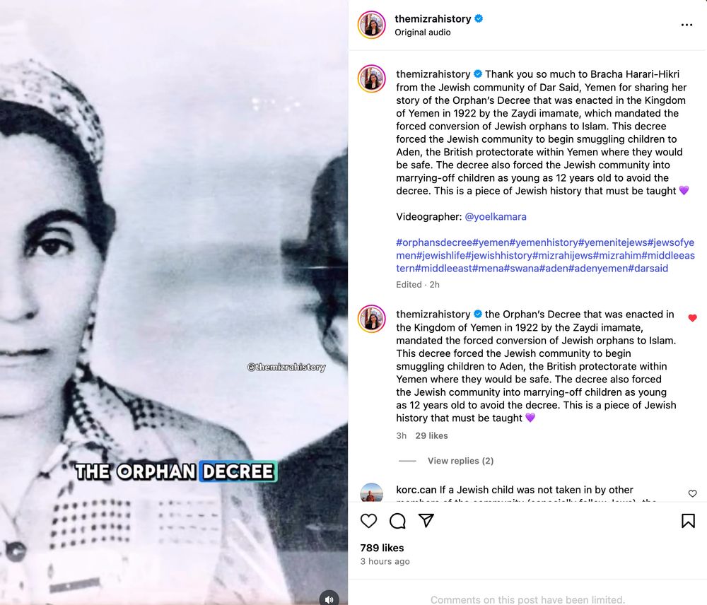 A picture of an Instagram page. On the left a picture of a Yemenite woman and on the right text describing the story. 
