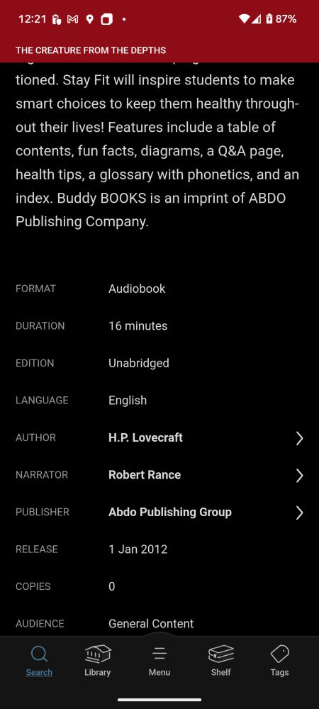 Screenshot showing the last bit of the "description" in addition to key information about the book: audiobook, 16min., English...

Namely that the author is one "H.P. Lovecraft"

😂

🐙👁️