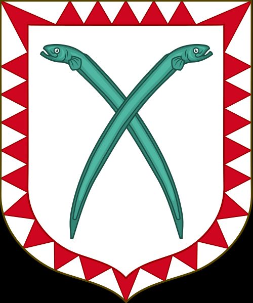 Coat of arms for the House of Anguillara, which has two crossed eels and a pattern of red and white triangles around the edges
