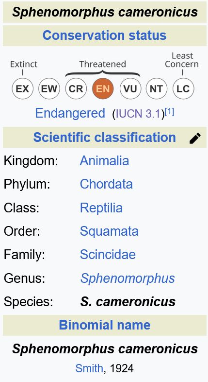 Sphenomorphus cameronicus

Status: endangered

Scientific classification
Kingdom: Animalia
Phylum: Chordata
Class: Reptilia
Order: Squamata
Family: Scincidae
Genus: Sphenomorphus
Species: S. cameronicus

Binomial name: Sphenomorphus cameronicus
(Smith, 1924)