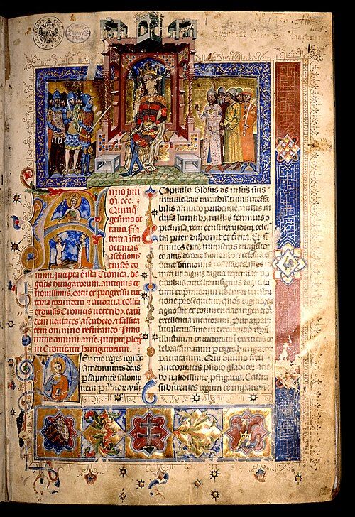 A page of the Chronicon Pictum, or Illuminated Chronicle, which has both words and medieval-esque drawings and embellishments