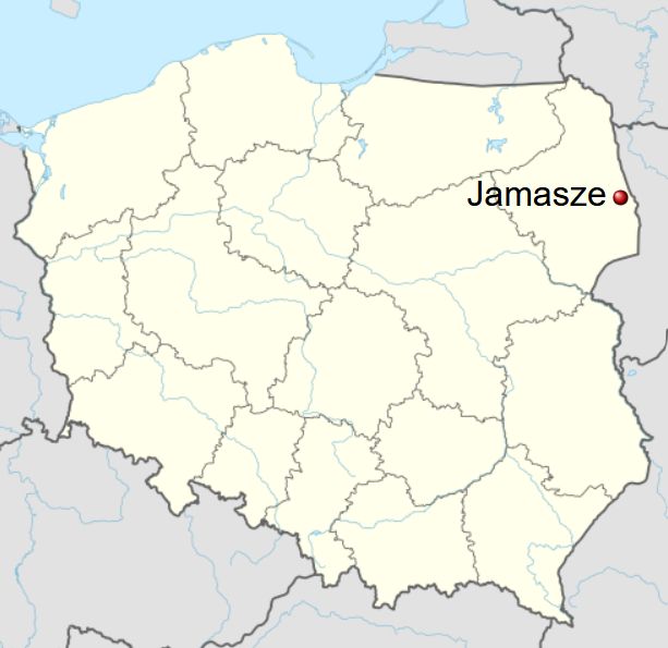 A map of Poland with a pin for Jamasze in northeastern Poland