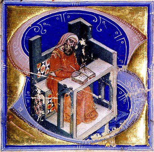 Medieval-esque drawing of Mark of Kalt sitting at a desk writing