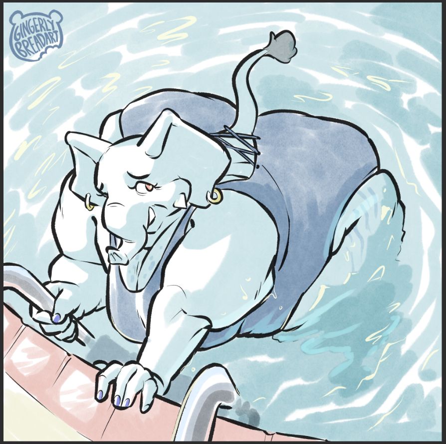 Illustration: a fat, bottom heavy anthro elephant woman in a dark one-piece swimsuit stands in a swimming pool with the water reaching her hips, bending over and gripping one of the bars of a pool ladder and the pool edge, while looking behind her with a sheepish smile.